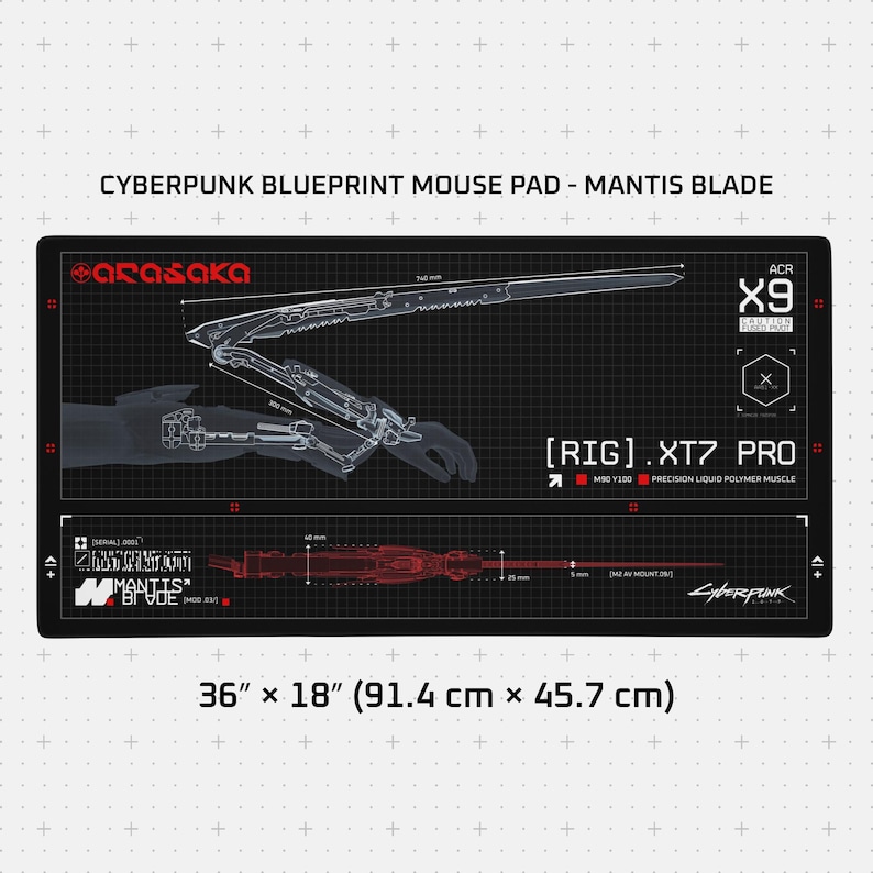Cyberpunk Blueprint Gaming Mouse Pad, 36x18in (914x457mm) | Stitched Edges | Arasaka image 1