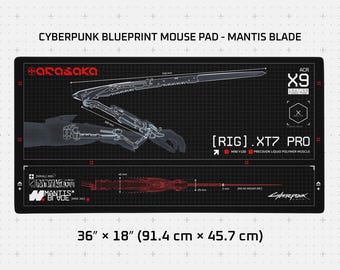 サイバーパンク・ブループリント ゲーミングマウスパッド、914 x 457 mm (36 x 18インチ) | ステッチ加工エッジ | Arasaka