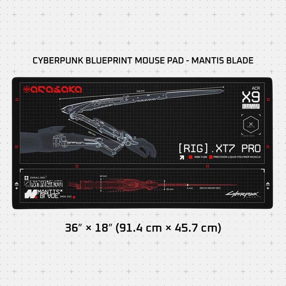 Cyberpunk Blueprint Gaming Mouse Pad, 36x18in (914x457mm) |  Stitched Edges | Arasaka
