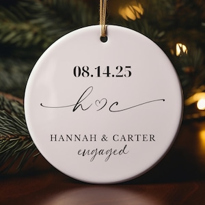 Engaged Minimalist Calendar Ornament, First Christmas Date and Name Gift, Newly Engaged Keepsake Personalized, Engagement Present For Couple