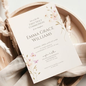 Erste Kommunion Wildflower Digitale Einladungsvorlage für Text DIY Bearbeitbare Bunte Blumen 1. Heilige Kommunion Einladen für eine Mädchen Canva Karte