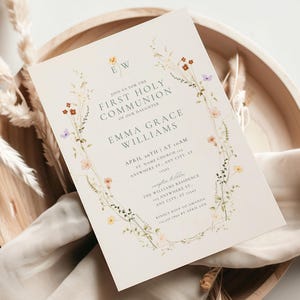 Wildblumen Erstkommunion Digitale Einladungsvorlage für Text DIY Bearbeitbar Bunte Blumen 1. Heilige Kommunion Einladen für eine Mädchen Canva Karte