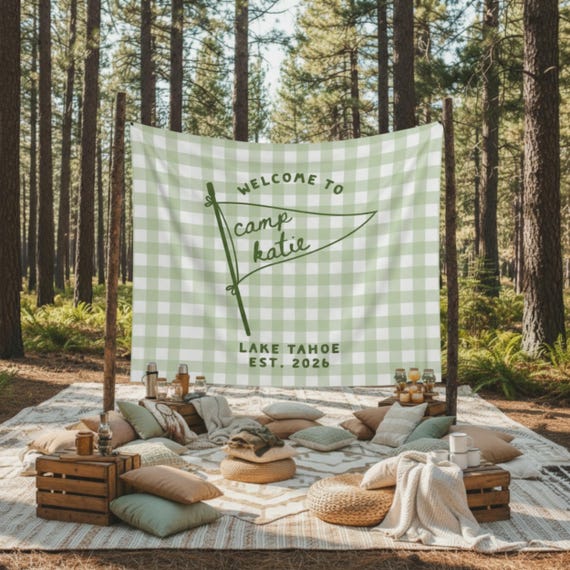 Camp Bachelorette Banner Personalized, Glamping Bach Party Tapestry Custom, Camping Theme Birthday Decor, Last Trail Bridal Welcome Sign