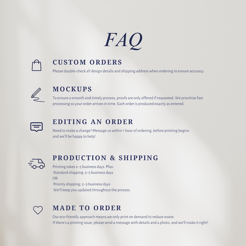 May include: An FAQ information graphic with dark blue text on a light background. It lists sections for Custom Orders, Mockups, Editing an Order, Production & Shipping, and Made to Order, each accompanied by a simple line icon for clarity.