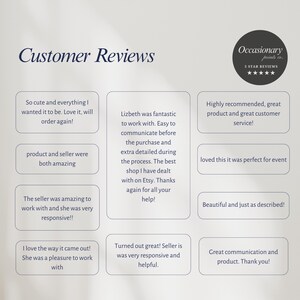May include: A graphic display titled Customer Reviews featuring a circular logo for Occasionary Prints Co. with five stars. The image contains nine rectangular text boxes with various positive customer testimonials regarding product quality and service.