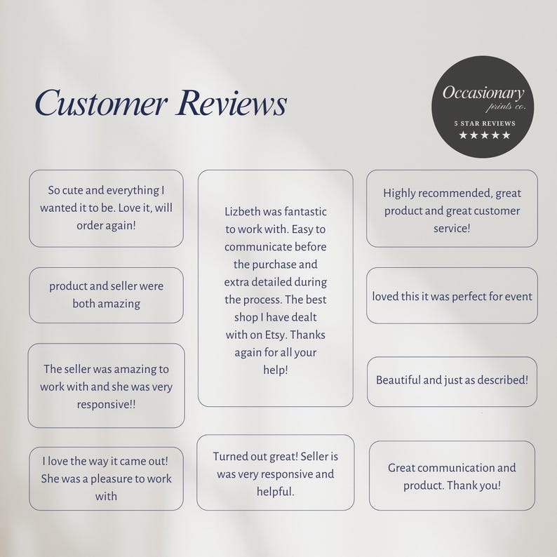 May include: A graphic display titled Customer Reviews featuring a circular logo for Occasionary Prints Co. with five stars. The image contains nine rectangular text boxes with various positive customer testimonials regarding product quality and service.