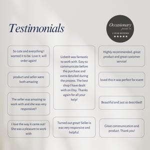 May include: A graphic display titled Testimonials featuring a circular Occasionary prints co. logo with five stars. It contains ten rectangular text boxes with customer reviews praising the product, communication, and service provided by the seller.