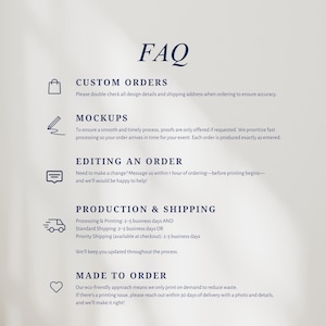 May include: An informational FAQ graphic with dark blue text on a light background. Sections include Custom Orders, Mockups, Editing an Order, Production & Shipping, and Made to Order, each accompanied by a simple line icon like a bag or pencil.