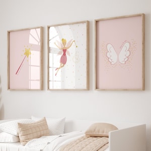 Believe in Magic Prints - Set of 3 - Digital Download - Instant Art Artwork - Fairy Pink Wand Glitter Wings - Bedroom Playroom Nursery Kids