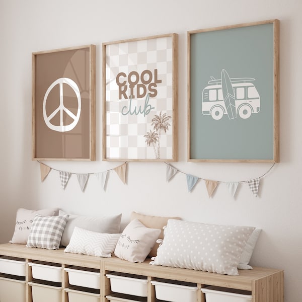 Cool Kids Club Prints - Beach Coastal Inspired - of 3 - Wall Art - Digital Download - Instant Art Bedroom Playroom Nursery Boys Brown Blue