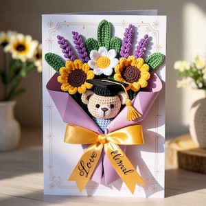 Cartão de formatura de crochê feito à mão, cartão de buquê de flores com urso de crochê, presente de formatura exclusivo, cartão de lembrança personalizado