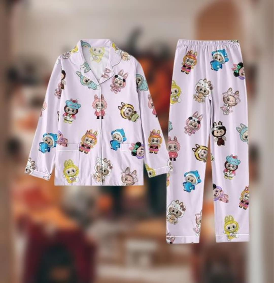 Labubu Pyjamas Cute Labubu Character Pajama Set, Monsters Labubu Button Pjs, Pop Mart ...