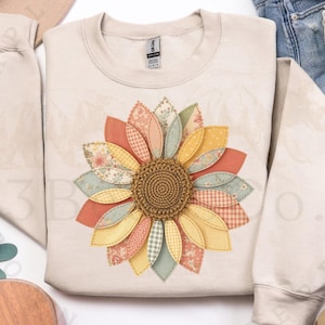 Girasole patchwork PNG, design floreale vintage per sublimazione (download digitale)