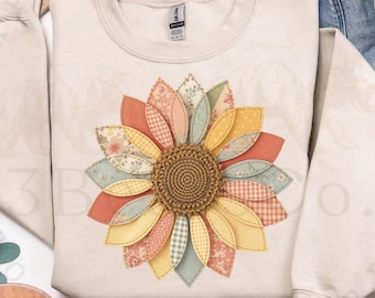 Girasol patchwork PNG, diseño floral vintage para sublimación (descarga digital)