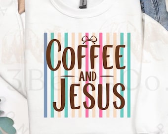 Imagen PNG de café cristiano, diseño retro de rayas con temática religiosa para sublimación (descarga digital)