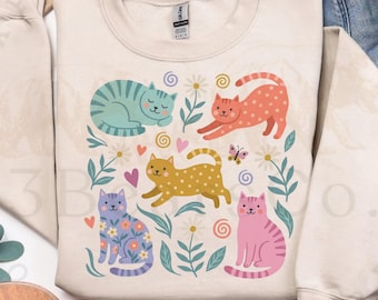 Gatos de primavera PNG, diseño de sublimación de gatos de arte popular (descarga digital)