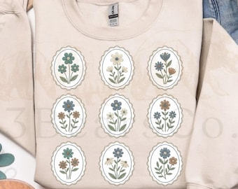 Diseño PNG de sublimación con flores primaverales bordadas (descarga digital)