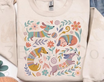 Perro salchicha de primavera PNG, diseño de sublimación de arte popular (descarga digital)
