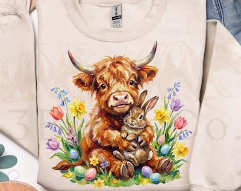 Vaca de las Tierras Altas de Pascua PNG, diseño de sublimación de primavera de vaca con conejito (descarga digital)