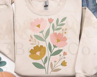 PNG floral primaveral, diseño de sublimación de arte lineal minimalista botánico bohemio (descarga digital)