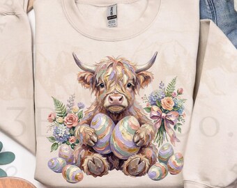 Vaca de las Tierras Altas de Pascua PNG, Diseño de Pinceladas Florales (Descarga Digital)