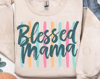 Blessed Mama PNG, diseño retro de rayas para mamá cristiana por sublimación (descarga digital)