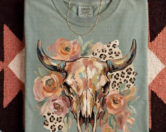 Boho Cow Skull PNG | Western Floral Leopard Sublimation Design | Country Shirt DTF Digital Download