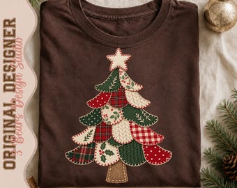 Patchwork Christmas Tree Shirt Design | Plaid, Gingham, Cable Knit, Holly (PNG Sublimation File)