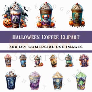 Halloween Coffee Clipart Set, Scary Gothic Watercolor Hot Coffee Drink Clipart Bundle, Spooky Season PNG Bundle, Pumpkin Designs Download