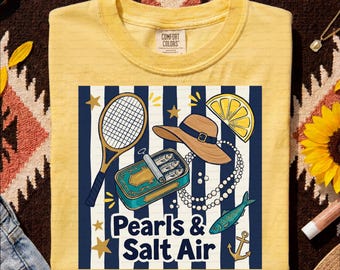 Pearls and Salt Air PNG | Navy Stripe Nautical Coastal Sublimation Design | DTF Digital Download