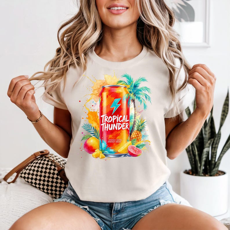 A woman wearing a white t-shirt with a colorful graphic of a can of Tropical Thunder energy drink surrounded by tropical fruits and flowers.