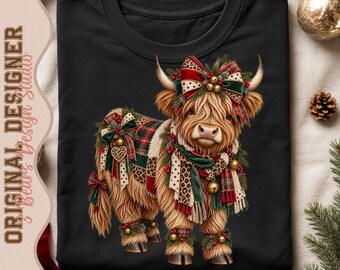 Leopard Christmas PNG | Highland Cow Plaid Leopard Bows Jingle Bells Holly Sublimation Shirt Design