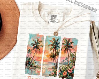 Diseño PNG de puesta de sol tropical, palmeras y ambiente vacacional para sublimación (descarga digital)