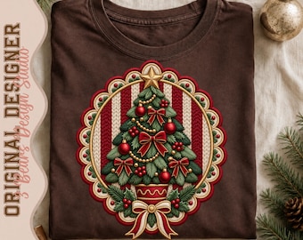 Faux-Embroidered Christmas Tree Patch | Red Bows, Gold Star, Candy Stripes (PNG Sublimation Design)