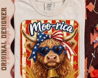 Moo-rica PNG | Patriotic Highland Cow Sublimation Design | Funny 4th of July DTF Digital Download