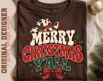 Cowboy Christmas Shirt Design | Cowprint Hat, Holly, Red Bow (PNG)