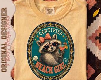 Certified Beach Girl Raccoon Emblem PNG | Retro Coastal Design (Digital Download)