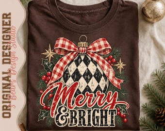 Christmas Harlequin Ornament Shirt Design | Red Gingham Bow, Pine Berries (PNG Sublimation File)