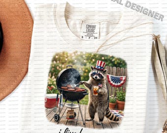 Mapache divertido asando a la parrilla (PNG), diseño patriótico para barbacoa del 4 de julio (descarga digital).