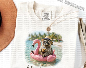 Mapache divertido de verano PNG, Vivo aquí ahora PNG, Diseño de sublimación con ambiente vacacional (Descarga digital)