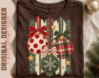 Gingham Holiday Shirt Design | Felt Ornaments, Bows, Snowflakes (PNG Sublimation)