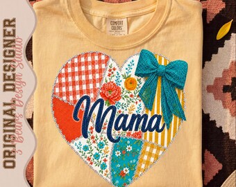 Patchwork Mama Heart PNG | Coquette Floral Mama Sublimation Design | Mother's Day DTF Download