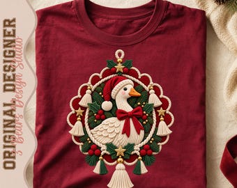 Xmas Goose Ornament PNG | Macrame Santa Hat, Red Bow, Holly (Digital Download)