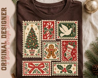 Vintage Christmas Stamp Design | Tree, Dove, Gingerbread, Stocking (PNG Sublimation)