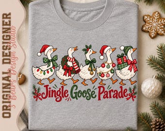 Jingle Goose Parade Shirt Design | Festive Geese, Santa Hats, Lights (PNG)