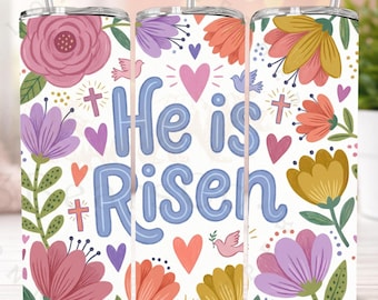 Envoltorio para vaso "Él ha resucitado", diseño floral cristiano de Pascua por sublimación (descarga digital)