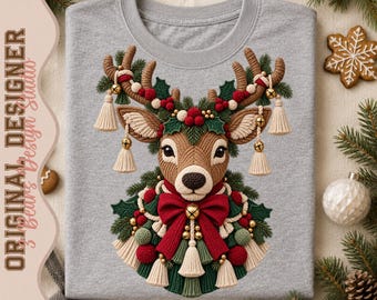 Christmas Reindeer PNG | Macrame Yarn Reindeer Tassels Bells Red Bow Holly Sublimation Shirt Design