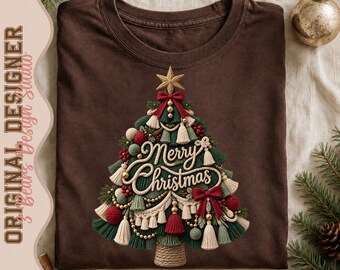 Merry Christmas PNG | Macrame Yarn Christmas Tree Tassels Bells Rope Script Sublimation Shirt Design