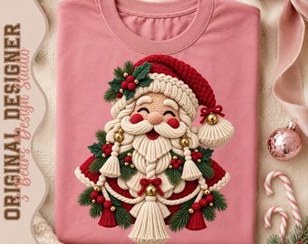 Santa PNG | Macrame Yarn Santa Claus Face Tassels Jingle Bells Holly Sublimation Shirt Design