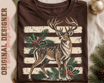 Vintage Deer Holly Shirt Design | Distressed Stripe Christmas Sublimation (Digital Download)